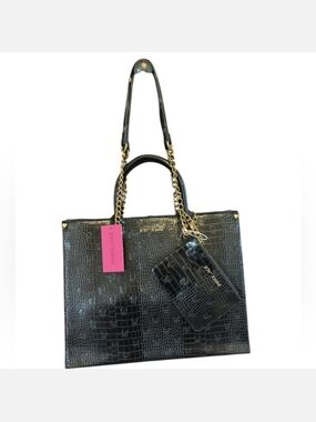 Betsey Johnson Black Croc-Embossed Tote with Gold Chain Handles